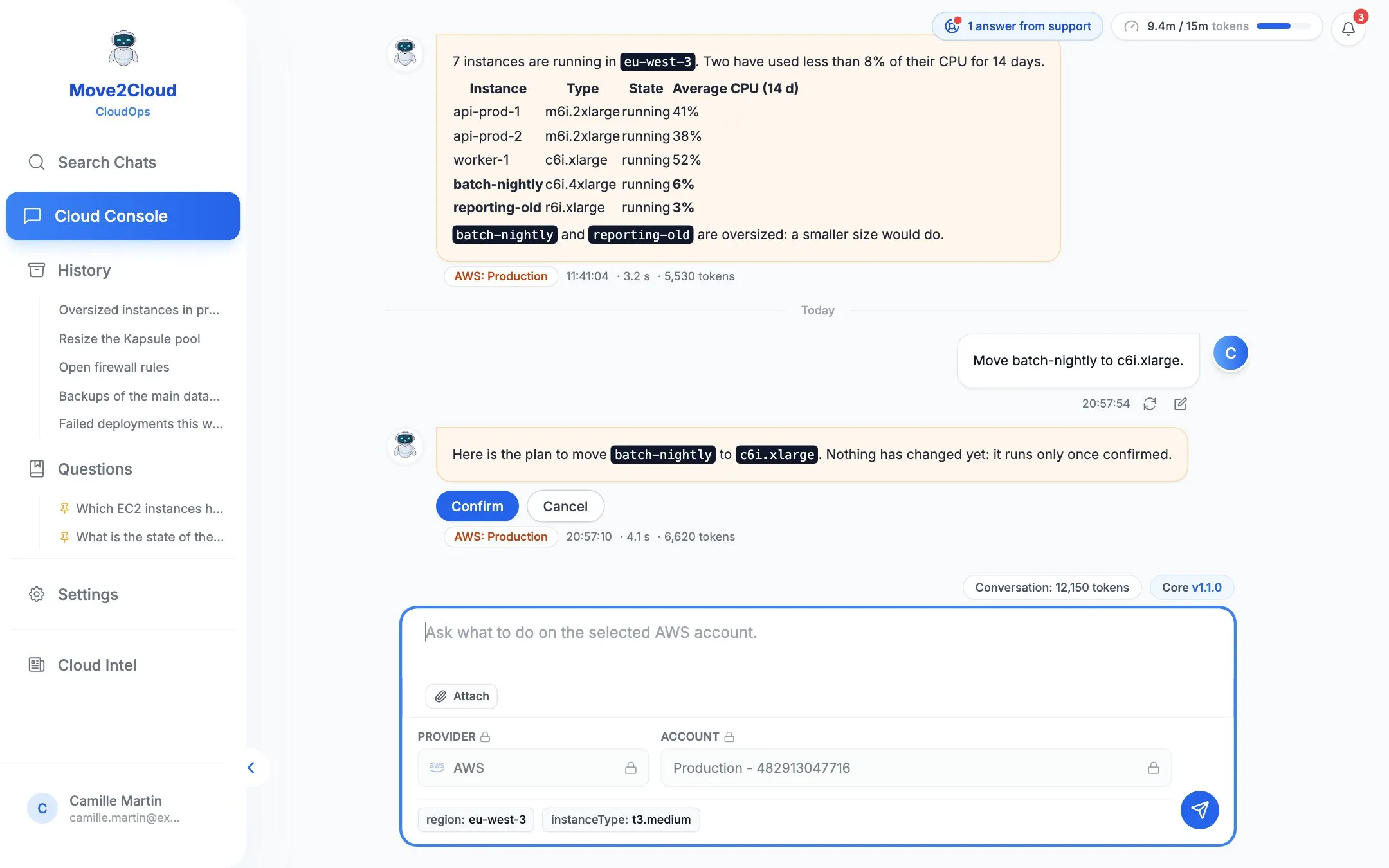 A conversation about an AWS account: the assistant finds two oversized instances, then proposes a plan to confirm